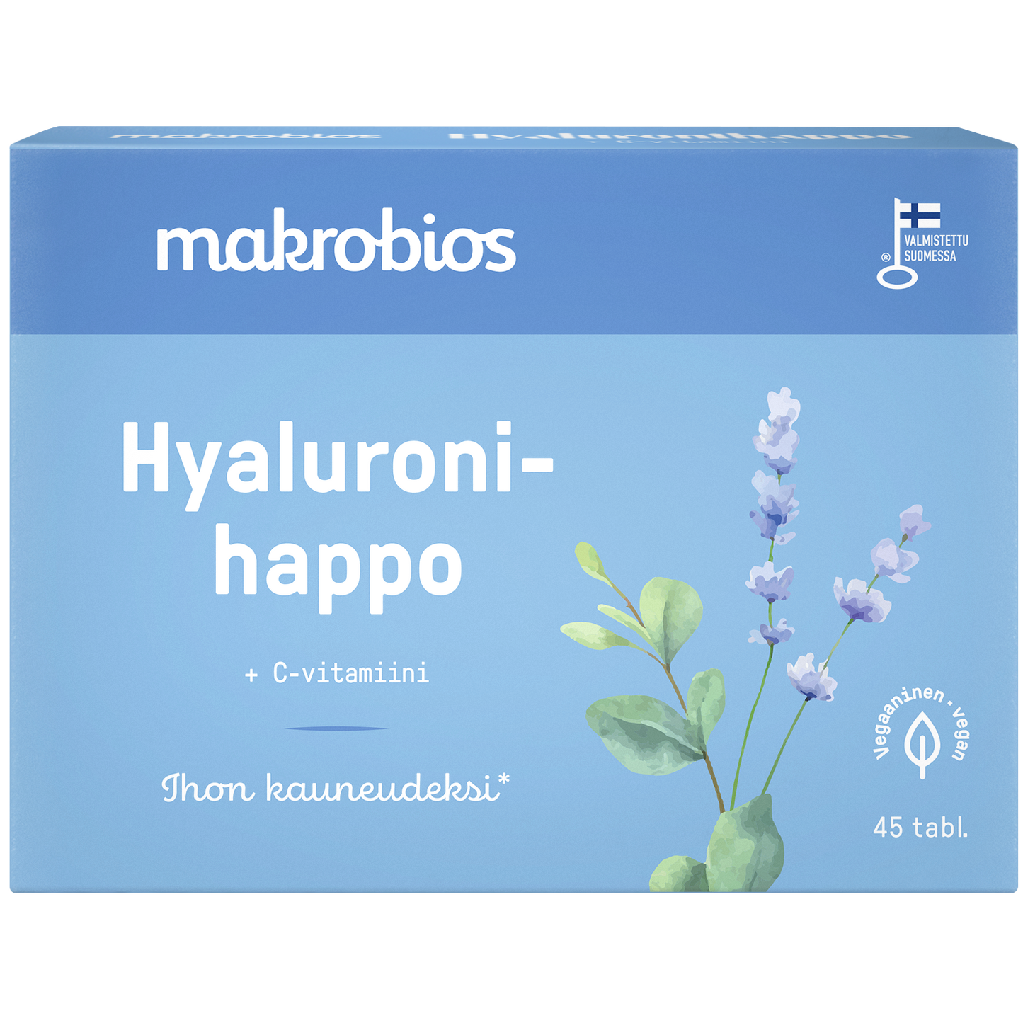 Makrobios Hyaluronihappo + C-vitamiini; sininen Makrobios-rasia laventelikukka- ja lehtikuvituksella; suorakulmainen matta rasia; etuosassa merkintä ”45 tbl” ja muu suomenkielinen teksti groteskilla; tuotenimi valkoisin kirjaimin; ei ihmisiä, valkoinen tausta.