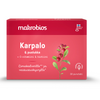 Makrobios Karpalo & Puolukka; punainen Makrobios Karpalo & Puolukka -vitamiinirasia karpalo- ja puolukkakuvilla; suomenkielinen teksti ja merkinnät 30 pureskeltavasta tabletista marjahyvinvoinnin teemalla; matta pahvipakkaus, suorakulmainen; tuotenimi lihavoidulla valkoisella, muu teksti pienemmällä; terävät hedelmäkuvitukset; studiotausta, ei ihmisiä.