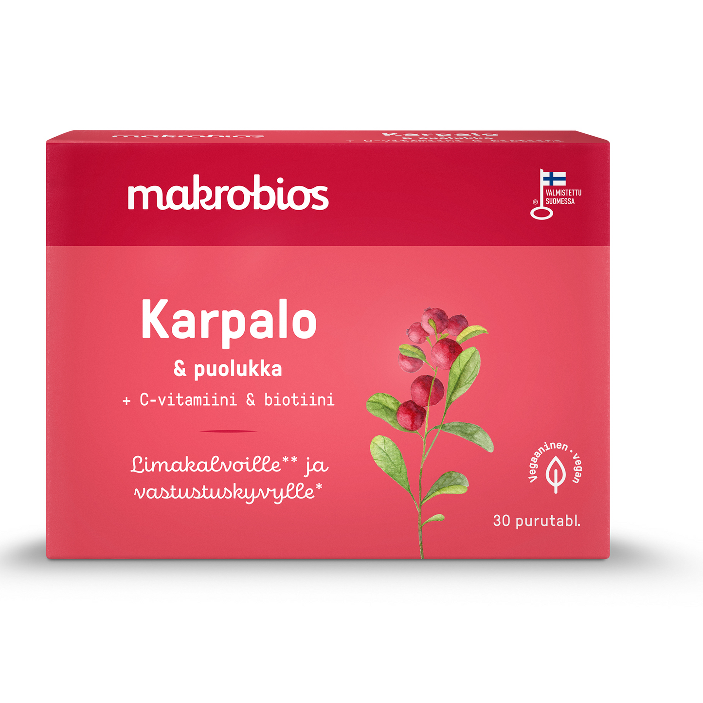 Makrobios Karpalo & Puolukka; punainen Makrobios Karpalo & Puolukka -vitamiinirasia karpalo- ja puolukkakuvilla; suomenkielinen teksti ja merkinnät 30 pureskeltavasta tabletista marjahyvinvoinnin teemalla; matta pahvipakkaus, suorakulmainen; tuotenimi lihavoidulla valkoisella, muu teksti pienemmällä; terävät hedelmäkuvitukset; studiotausta, ei ihmisiä.
