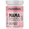 Makrobios Mama Foolihappo + D-vitamiini; vaaleanpunainen ja valkoinen muovipullo matalla pinnalla, sylinterin muotoinen kierrekorkillinen; etiketissä tuotenimi ”makrobios MAMA” lihavoidulla groteskilla, suomenkielistä tuotetietoa, tyyliteltyjä sydämiä ja lyhyt teksti foolihapon ja D3-vitamiinin tableteista raskausajalle; tasainen tausta, ei ihmisiä tai käsiä.