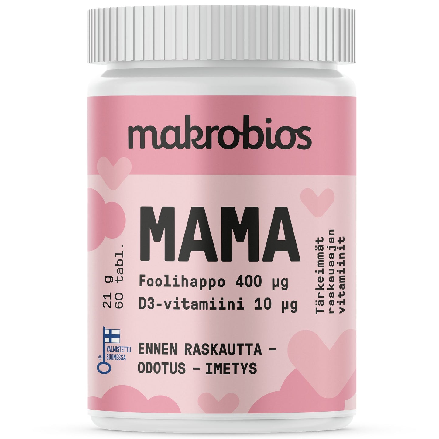 Makrobios Mama Foolihappo + D-vitamiini; vaaleanpunainen ja valkoinen muovipullo matalla pinnalla, sylinterin muotoinen kierrekorkillinen; etiketissä tuotenimi ”makrobios MAMA” lihavoidulla groteskilla, suomenkielistä tuotetietoa, tyyliteltyjä sydämiä ja lyhyt teksti foolihapon ja D3-vitamiinin tableteista raskausajalle; tasainen tausta, ei ihmisiä tai käsiä.