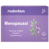 Makrobios Menopaussi; violetti suorakulmainen ”Menopaussi by Makrobios” -rasia matalla pinnalla ja kukkakuvituksella; groteskityyppinen teksti; luettavissa sanat ”kuumat aallot”, ”hikoilu” ja ”levottomuus”; pakkauksessa merkintä 30 vegaanisesta tabletista, valmistettu Suomessa laadukkaista raaka-aineista; tasainen tausta, ei ihmisiä, tuote suoraan edestä.