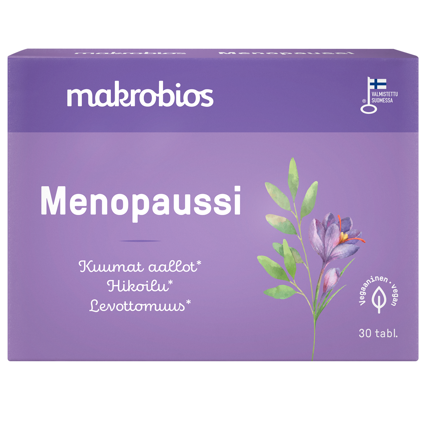 Makrobios Menopaussi; violetti suorakulmainen ”Menopaussi by Makrobios” -rasia matalla pinnalla ja kukkakuvituksella; groteskityyppinen teksti; luettavissa sanat ”kuumat aallot”, ”hikoilu” ja ”levottomuus”; pakkauksessa merkintä 30 vegaanisesta tabletista, valmistettu Suomessa laadukkaista raaka-aineista; tasainen tausta, ei ihmisiä, tuote suoraan edestä.