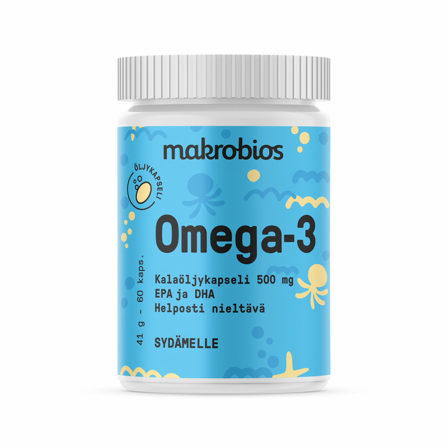 Valkoinen makrobios Omega-3 -kalanmaksaöljykapselipullo mattapinnalla, lieriömäinen muoto ja kierrekorkki; sinisessä etiketissä keltaisia ja sinisiä merieläinkuvituksia; suomenkielinen teksti etiketissä; tausta valkoinen; kuva on lähikuva tuotteesta ilman ihmisiä tai käsiä.