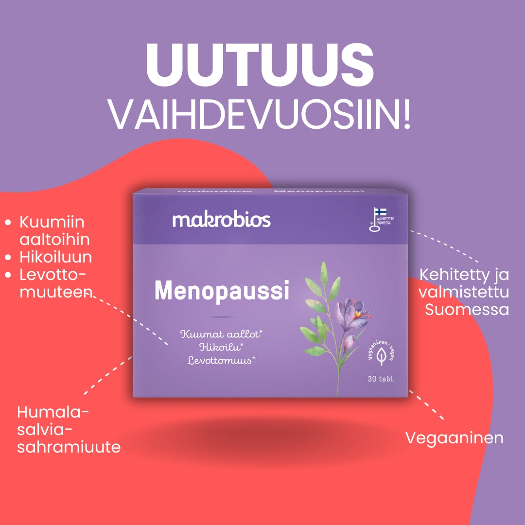 Makrobios Menopaussi; violetti kukkakuvioitu Menopaussi-rasia punaisella taustalla, ympärillä suomenkielistä tekstiiä vaihdevuosituesta ja vegaanisesta koostumuksesta, kehitetty ja valmistettu Suomessa; rasia suorakulmainen ja matta; valkoinen groteskiteksti kertoo tuotenimen ja tiedot; kuva otettu suoraan edestä, ei ihmisiä tai käsiä.