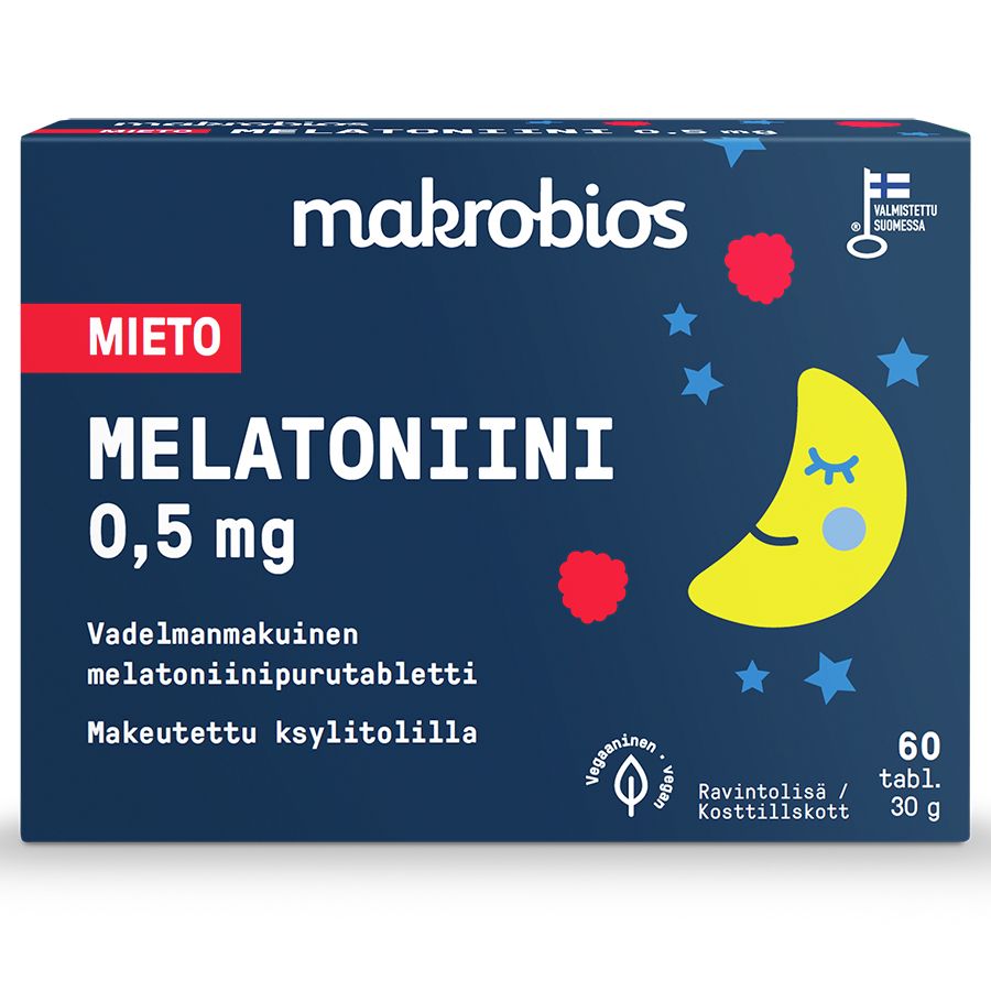 Makrobios Mieto Melatoniini 0,5 mg; laatikko Makrobios Melatoniini 0,5 mg -tabletteja vadelman maussa; suorakulmainen pahvilaatikko mattatummansinisenä, painettuna hymyilevä kuu, keltaisia tähtiä ja punaisia vadelmia; valkoinen groteskiteksti lihavoituna tuotenimelle ja annostukselle; ei ihmisiä tai käsiä kuvassa, sisältää 60 tablettia.