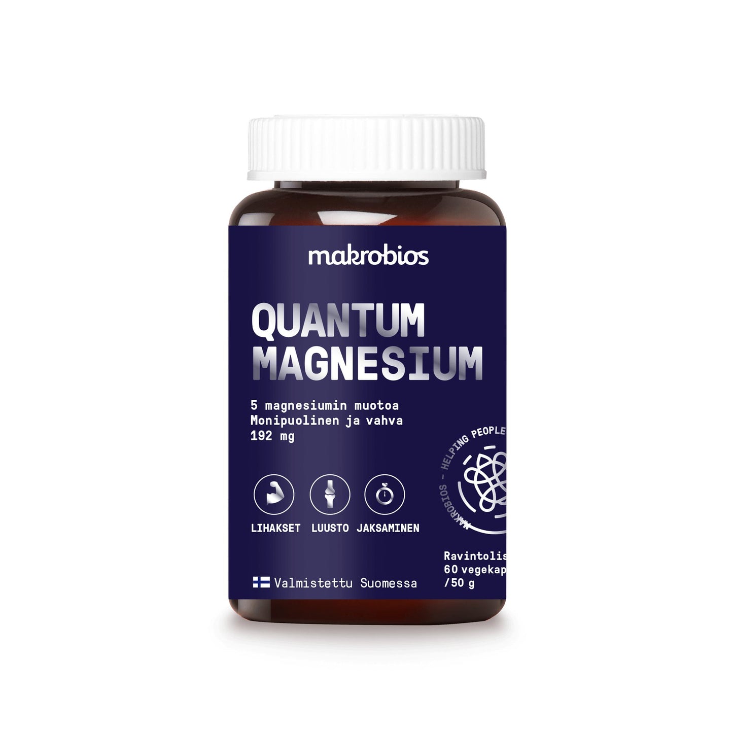 Makrobios Quantum Magnesium, 60 tablettia; ruskea muovipullo mattapintaisena ja sylinterinmuotoisena, valkoinen kierrekorkki; etiketissä suomenkielinen teksti sekä yksinkertaiset viivakuvakkeet lihaksista, luista ja energiasta; mainitsee monimuotoisen magnesiumin; valkoinen tausta, ei ihmisiä tai käsiä, suora tuotekuva.