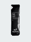 Maurten Gel 160 (12-pack): musta Maurten Gel 160 -hydrogeelipakkaus urheiluravinnoksi, suorakulmainen repäisyavauksella ja mattapinnalla; valkoinen groteskikirjasin näyttää tuotenimen ja tiedot, mukaan lukien "ingredients" ja "65g"; Maurten-logo alaosassa; ei ihmisiä tai käsiä näkyvissä; tausta on vaalea, kuva otettu suoraan edestä; hydrogeeliteknologia tarjoaa edistynyttä energiaa urheilijoille.