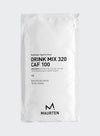 Maurten Drink Mix 320 CAF 100 (14-pack); valkoinen suorakulmainen mattapintainen pussi seisoo pystyssä yksinkertaista taustaa vasten; musta groteskiteksti kertoo "Maurten Drink Mix 320 Caf 100" lisäten pientä painatusta ainesosista ja kofeiinipitoisuudesta; Maurten-logo sijaitsee pakkauksen alaosassa; ei ihmisiä eikä käsiä näkyvissä kuvassa.
