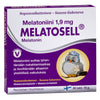 Melatosell Melatoniini 1,9 mg -pakkaus violettina ja valkoisena, jossa nukkuvan pöllön kuvitus, merkintä 60 tablettia, vegaanisymboli sekä suomenkielinen teksti unta tukevista hyödyistä ja nopeasta liukenemisesta; suorakulmainen kiiltäväpintainen pahvipakkaus; selkeää lihavoitua tekstausvapaata typografiaa; kuvattu valkoista taustaa vasten; ei ihmisiä tai käsiä näkyvissä.