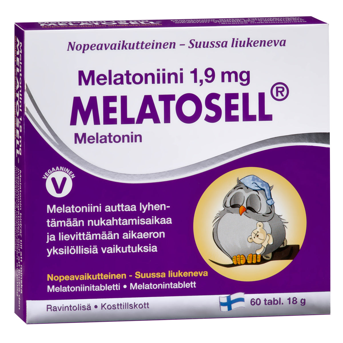 Melatosell Melatoniini 1,9 mg -pakkaus violettina ja valkoisena, jossa nukkuvan pöllön kuvitus, merkintä 60 tablettia, vegaanisymboli sekä suomenkielinen teksti unta tukevista hyödyistä ja nopeasta liukenemisesta; suorakulmainen kiiltäväpintainen pahvipakkaus; selkeää lihavoitua tekstausvapaata typografiaa; kuvattu valkoista taustaa vasten; ei ihmisiä tai käsiä näkyvissä.
