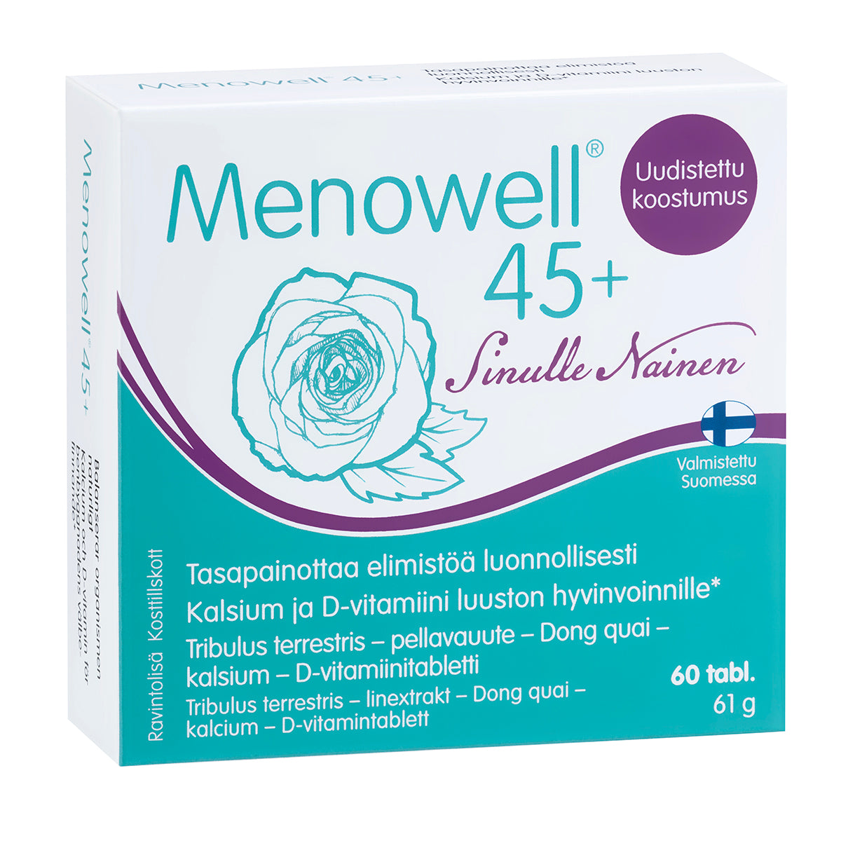Menowell 45+; Menowell 45+ -ravintolisärasia ruusukuvituksella, suomenkielistä tuotetietoa kalsiumista, D-vitamiinista ja valikoiduista kasviuutteista yli 45-vuotiaiden naisten tueksi; pakkaus sisältää 60 tablettia (61 g); suorakaiteen muotoinen pahvirasia mattapinnalla; valkoinen tausta viininpunaisin ja vaaleanpunaisin grafiikoin; yksinkertaista groteskikirjasinta; kuvattu tasaisella taustalla, ei ihmisiä tai käsiä.
