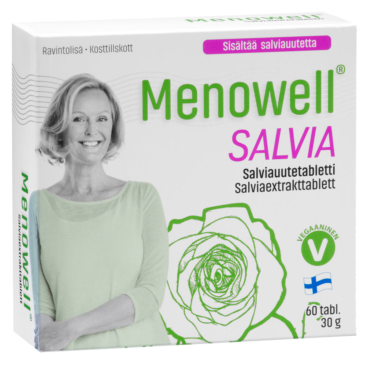 Menowell Salvia -pakkaus; kuvassa hymyilevä nainen, vihreä ruusukuvitus sekä teksti suomeksi ja ruotsiksi; suorakulmainen laatikko mattapinnalla, pääosin vaalea tausta; huomiota herättävää tekstausvapaata typografiaa osin lihavoituna; etiketissä näkyy myös maininnat "Vegan" ja "60 tablets"; ei käsiä tai muita esineitä; neutraali studiotausta; kuva otettu edestä.