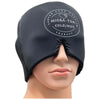 A mannequin head displays a black cold/hot therapy cap with a soft, matte finish that covers the forehead, eyes, and crown. The cap features white Migra-Topia text logo on the front in clean sans-serif lettering. No packaging is visible. The background is plain and evenly lit, with no people or actions shown. A mannequin head wears a black Migra-Topia cold/hot therapy cap that covers the forehead, eyes, and top of the head, featuring the product logo on the front for effective migraine relief.