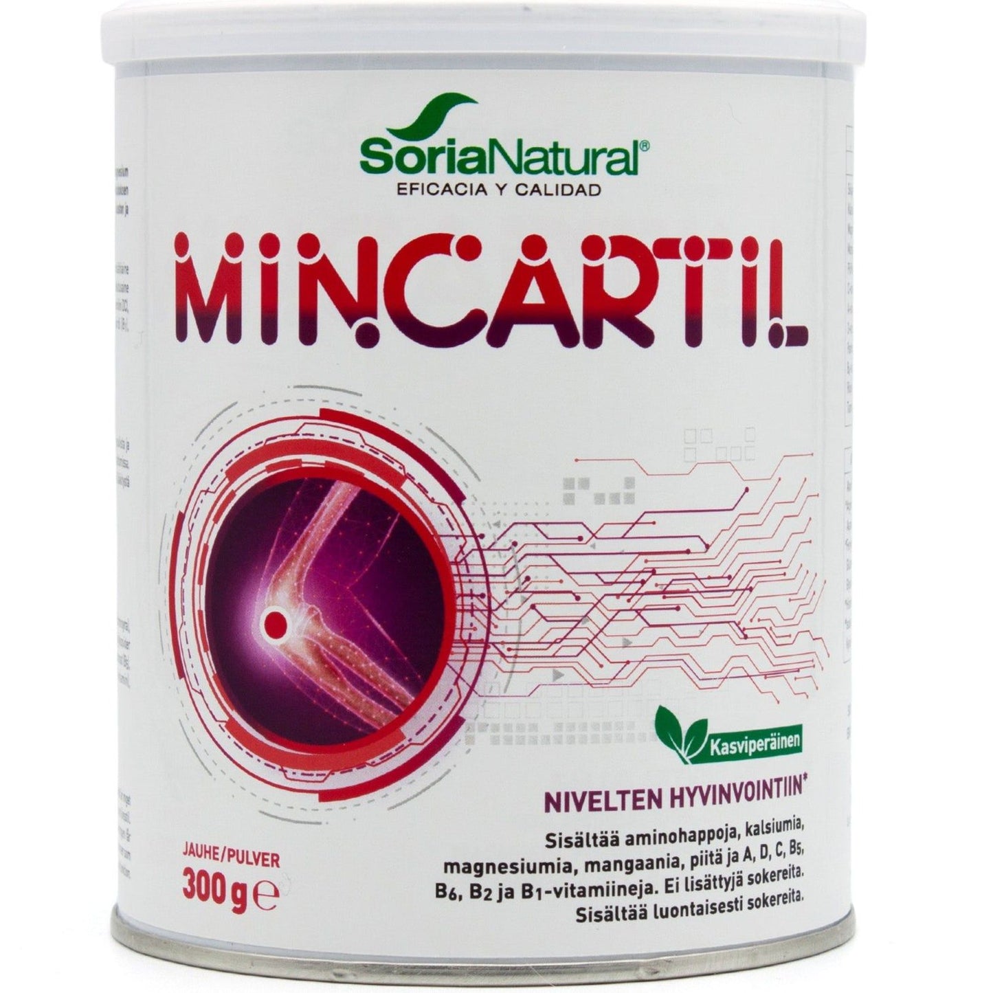 Soria Natural Mincartil-jauhe -purkki, 300 g; valkoinen sylinterinmuotoinen mattapintainen purkki, puna-violetteja kuvioita ja vihreä Soria Natural -logo, suomenkielinen teksti annostustietoineen