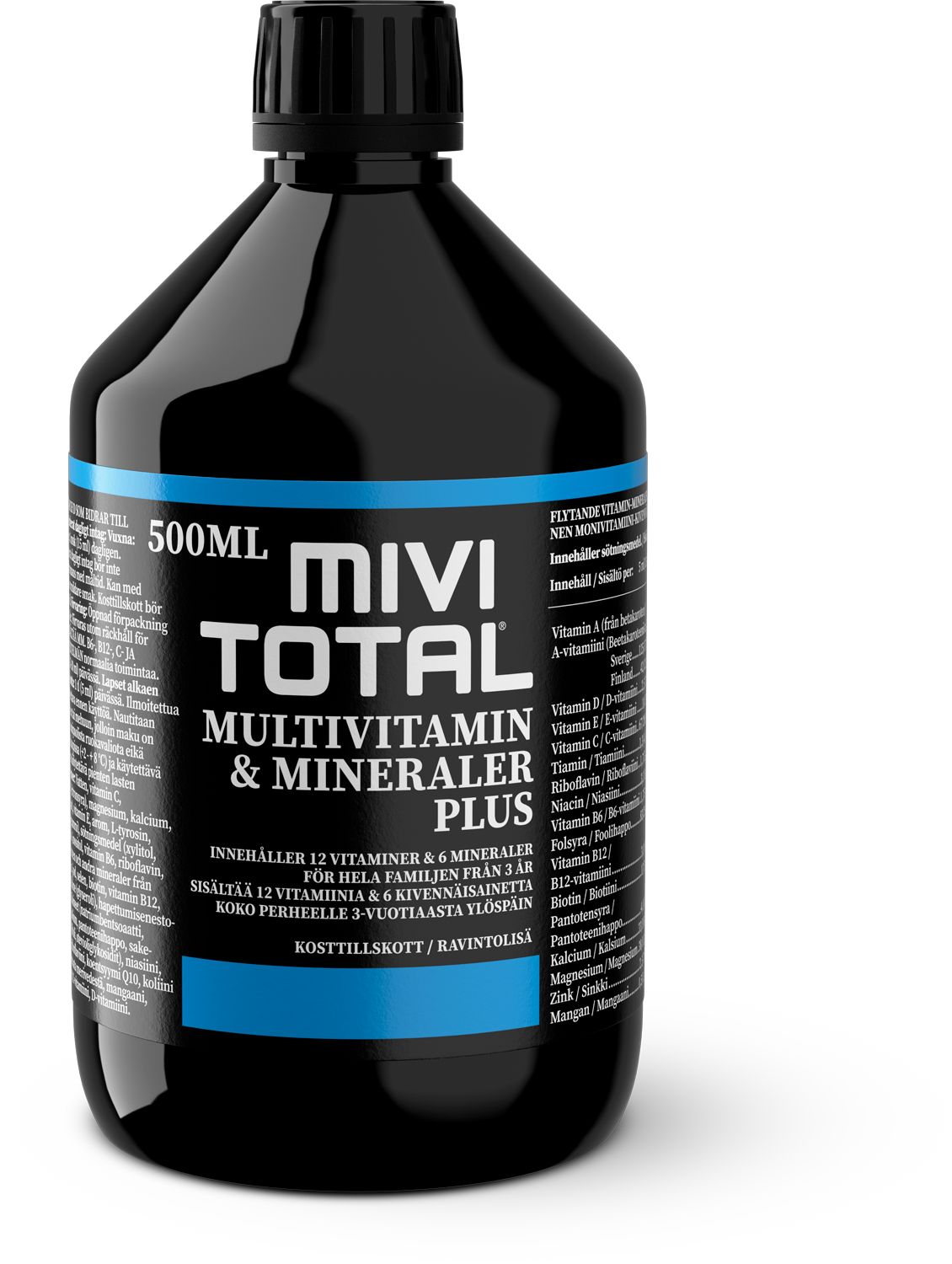 Mivitotal Plus -pullo, musta, 500 ml, sininen-valkoinen teksti; läpinäkymätön kiiltäväpintainen sylinterinmuotoinen muovipullo, monikieliset ravintoainetiedot
