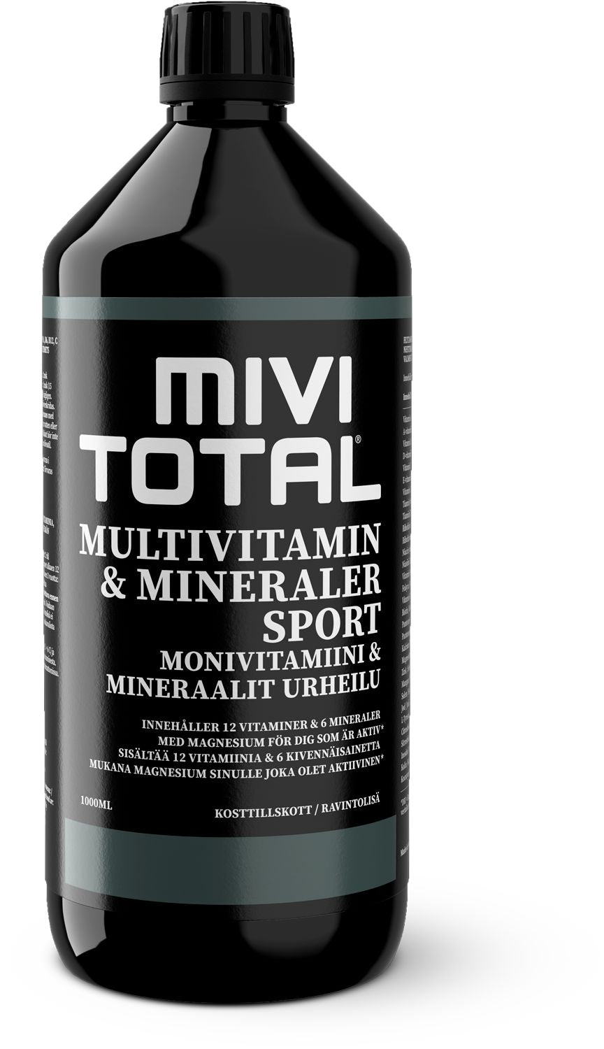 MIVI TOTAL Multivitamin & Mineraler Sport -pullo, musta pullo, sisältää 1000 ml urheilusuoritusta tukevaa multivitamiini- ja kivennäisainevalmistetta; teksti ruotsiksi ja suomeksi; pullo sylinterimäinen muovia kiiltäväpinnalla; etiketissä valkoista ja värillistä lohkotypografiaa; kuvattu yksinkertaista taustaa vasten, ei ihmisiä tai käsiä näkyvissä.