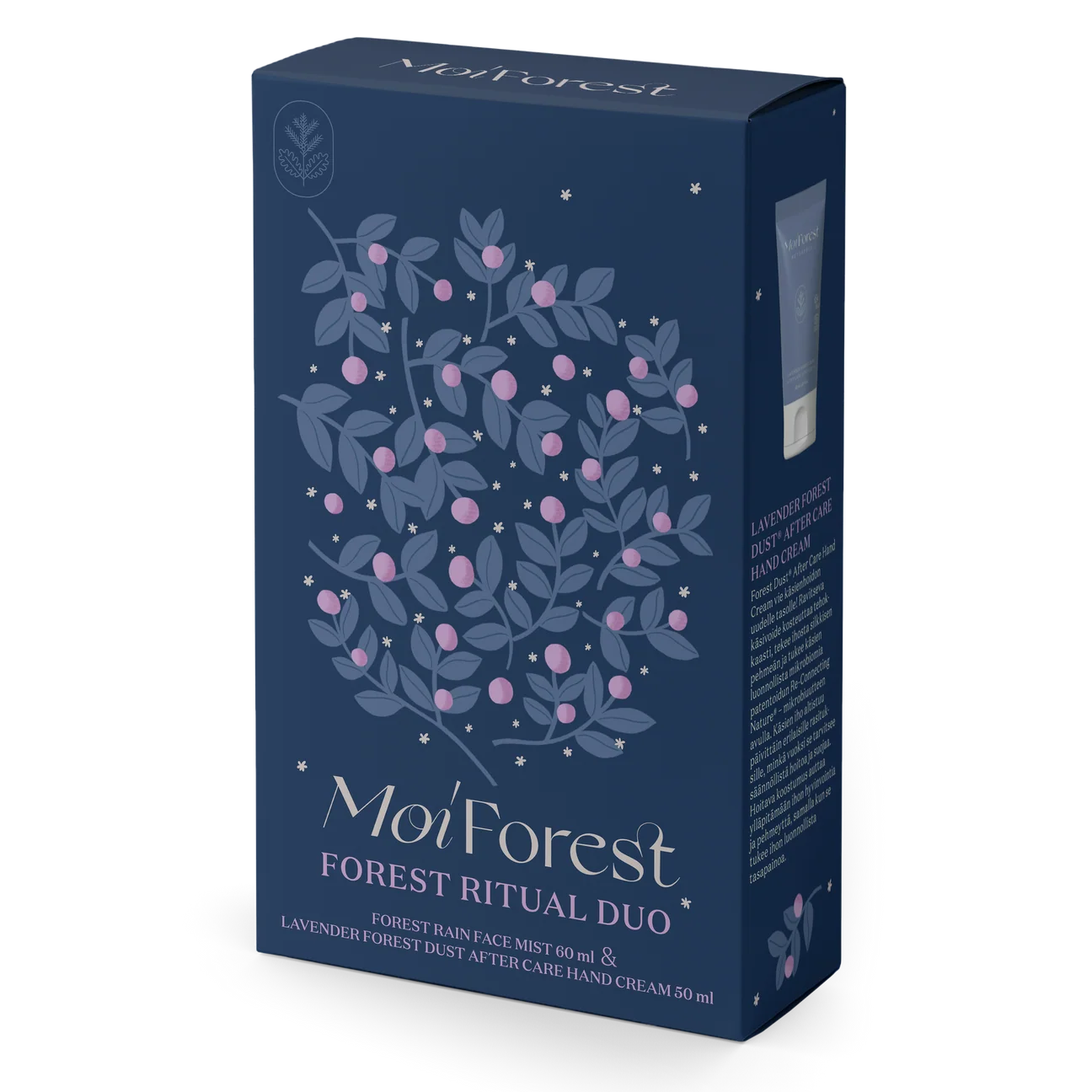 Moi Forest Forest Ritual Duo -lahjapakkaus, tummansininen rasia puolukanvarpukuvituksella