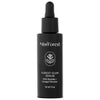 A black bottle of Moi Forest Forest Glow Serum with a dropper top, featuring white text and a leaf design. The surface appears matte. The bottle is cylindrical with rounded shoulders, and the label uses sans-serif typography. Visible label text includes “maitake,” “omega 7 booster,” “adaptogen,” and “30 ml.” Plain background, product only.