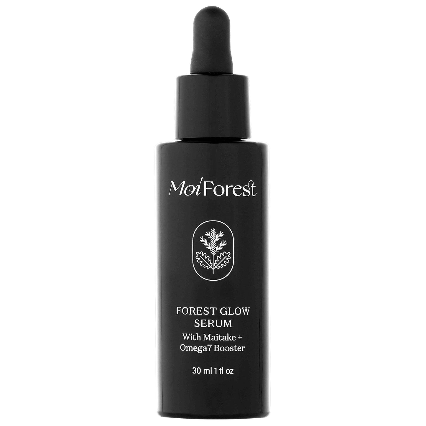 A black bottle of Moi Forest Forest Glow Serum with a dropper top, featuring white text and a leaf design. The surface appears matte. The bottle is cylindrical with rounded shoulders, and the label uses sans-serif typography. Visible label text includes “maitake,” “omega 7 booster,” “adaptogen,” and “30 ml.” Plain background, product only.