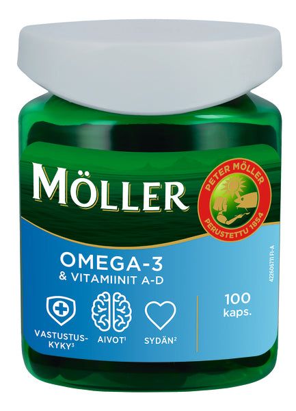 Möller Omega-3 & Vitamiinit A-D; vihreä pullo Möller Omega-3 & Vitamin A-D -lisäravinnetta sinisellä etiketillä, sisältää 100 kapselia; muovipullo on pyöristetty ja kiiltäväpintainen, valkoista tekstiä useassa fonttikoossa sinisellä etiketillä; kuvituksena kuvakkeet immuunipuolustuksesta, aivoista ja sydämestä, omega-3 mainittu ainesosana; punainen sinetti etiketin oikeassa yläkulmassa; ei ihmisiä tai käsiä näkyvissä; tuote esillä valkoista taustaa vasten hyvin valaistussa studiokuvassa.