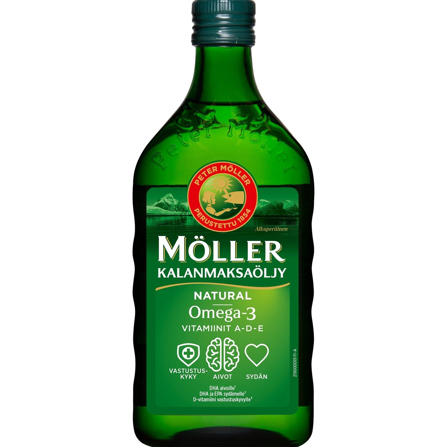 Möller Kalanmaksaöljy -pullo, vihreä, luonnollinen omega-3-kalanmaksaöljy A-, D- ja E-vitamiineineen; mattapintainen suorakaiteen muotoinen pullo pyöristetyin reunoin, valkoinen etiketti tummanvihreällä lihavoidulla tekstillä