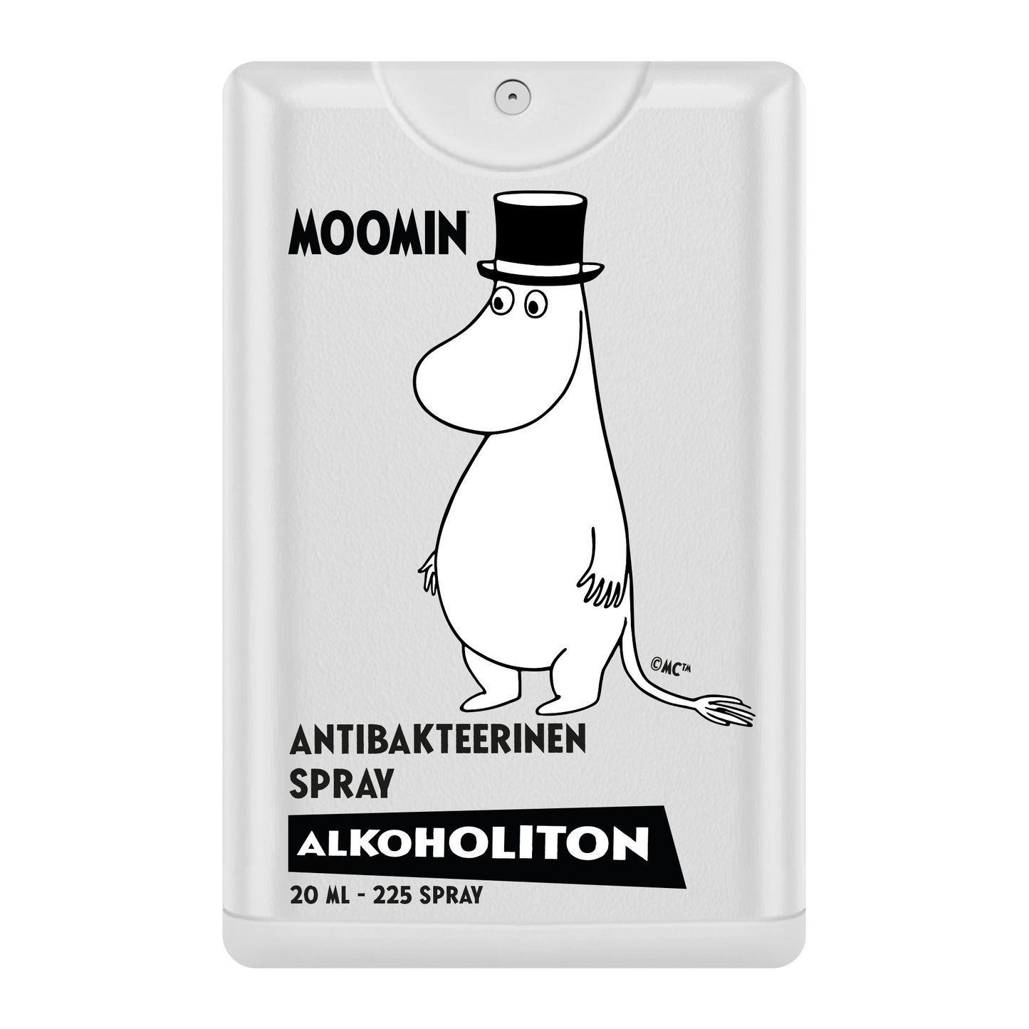 Moomin Alkoholiton Antibakteerinen Käsisuihke; valkoinen mattapintainen lieriömäinen suihkepullo suihkesuuttimella; etuosassa mustaviivainen kuvitus silinterihattua käyttävästä Muumihahmosta; luettava etiketti: MOOMIN Antibakteerinen Spray Alkoholiton 20ml - 225 Spray; yksinkertaista groteskityypografiaa enimmäkseen isoin kirjaimin; vaalea tausta, ei ihmisiä tai käsiä; suoraviivainen tuotekuva.