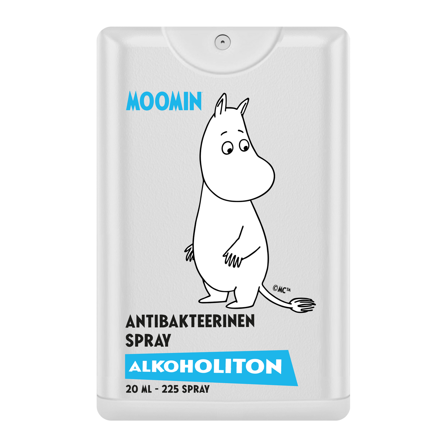Moomin Alkoholiton Antibakteerinen Käsisuihke; valkoinen antibakteerinen suihkepullo hurmaavalla mustavalkoisella Muumihahmokuvituksella; suorakaiteen muotoinen valkoinen muovirunko mattapinnalla ja kirkas korkki; etiketissä teksti MOOMIN ANTIBAKTEERIEN SPRAY ALKOHOLITON 20 ML – 225 SPRAY lihavoiduin groteskikirjaimin, sinisin ja mustin aksentein; vaalea tausta, tuote kuvattu pystyssä, ei ihmisiä tai käsiä.