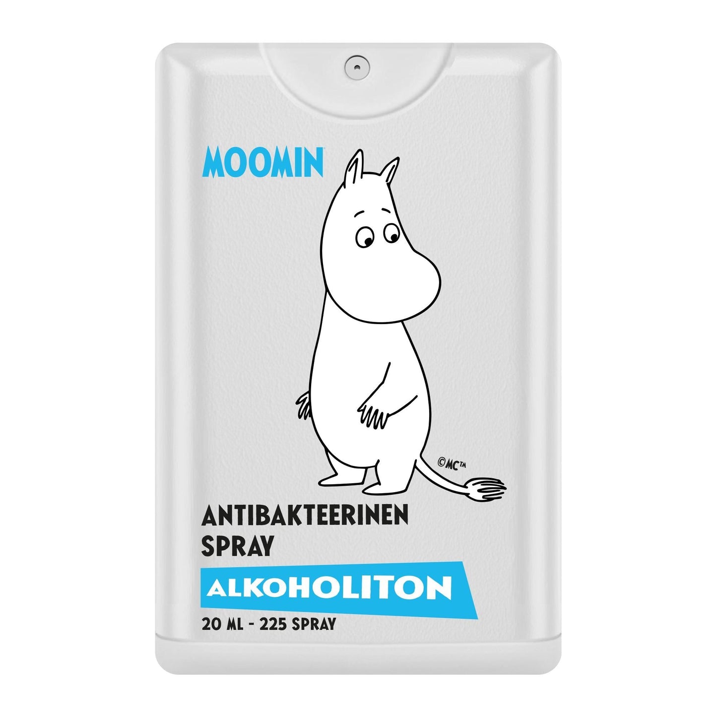 Moomin Alkoholiton Antibakteerinen Käsisuihke; valkoinen antibakteerinen suihkepullo hurmaavalla mustavalkoisella Muumihahmokuvituksella; suorakaiteen muotoinen valkoinen muovirunko mattapinnalla ja kirkas korkki; etiketissä teksti MOOMIN ANTIBAKTEERIEN SPRAY ALKOHOLITON 20 ML – 225 SPRAY lihavoiduin groteskikirjaimin, sinisin ja mustin aksentein; vaalea tausta, tuote kuvattu pystyssä, ei ihmisiä tai käsiä.