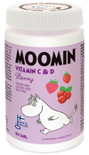 Moomin® C+D-vitamiini Berry; pullo Muumi C+D-vitamiini Berry -tabletteja pystyssä; pullo valkoista muovia mattapinnalla ja kierrekorkilla; etiketissä värillinen Muumi-hahmo, useita marjakuvituksia sekä maininnat ”gluteeniton” ja ”maidoton”; teksti groteskikirjasimella; tausta yhtenäisen vaaleanpunainen; ei ihmisiä tai käsiä kuvassa.