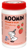 Moomin® D-vitamiini 10 µg Mansikka; pullo Muumi D-vitamiini 10 µg -tabletteja mansikan makuisena, etiketissä iloinen Muumi-hahmo ja mansikoita; tuotetiedoissa maininta gluteenittomuudesta ja laktoosittomuudesta; astia sylinterin muotoinen läpikuulumattomalla valkoisella korkilla ja kiiltopinnalla; pääväreinä punainen, valkoinen, vihreä ja sininen lihavoidulla groteskikirjasimella tuotenimessä; ei ihmisiä tai käsiä kuvassa.
