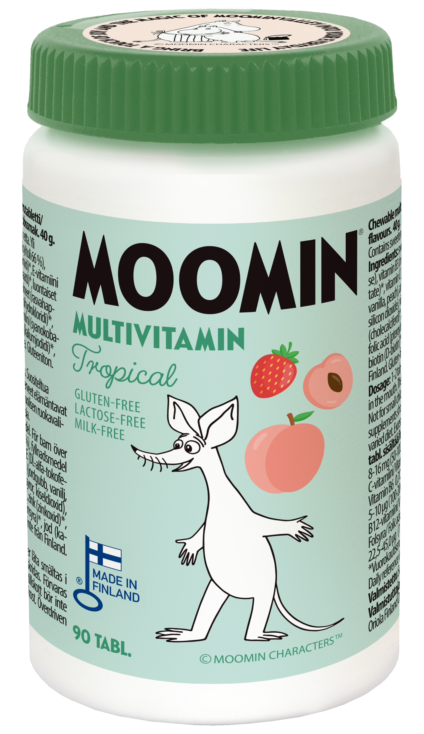 Moomin® Monivitamiini Tropical; pullo Muumi Monivitamiini Tropical -tabletteja, etiketissä sarjakuvahahmo, mansikka- ja persikkakuvia, vihreä korkki ja teksti gluteenittomuudesta, laktoosittomuudesta ja maidottomuudesta; valmistettu Suomessa trooppisin makuaromein lapsille; pakkaus kiiltävää muovia pyöristetyin reunoin ja painetulla lihavoidulla groteskietiketillä; ei ihmisiä tai käsiä, tasainen tausta, pelkkä tuotekuva.