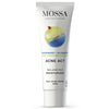 Mossa Acne Act Kosteusvoide; tuubi MOSSA Acne Act Balancing Moisturiser -kosteusvoiteelle rasvoittuvalle ja aknealttiille iholle, eloisa karviais- ja mustikkakuva etusivulla, tuotetiedot tyylikkäin mustin ja sinisin tekstein; tuubi pystyssä valkoisena kiiltäväpinnalla, pyöristetyin reunoin ja kierrekorkilla; tausta valkoinen, ei ihmisiä tai käsiä näkyvissä.