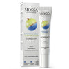 Mossa Acne Act spot treatment tube and box shown. Both packaging pieces are white with matte finish; the tube is slim and upright, with a screw cap, the box rectangular. Gooseberry and blueberry images printed on both. Legible label mentions tea tree, salicylic acid, vegan ingredients, dermatologically tested. No people or hands visible. Set against a plain background in a studio shot.