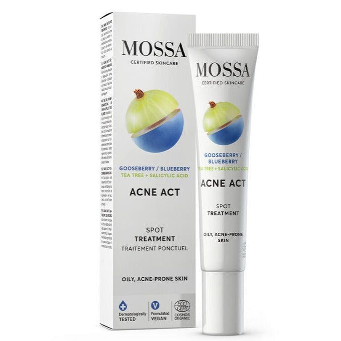 Mossa Acne Act spot treatment tube and box shown. Both packaging pieces are white with matte finish; the tube is slim and upright, with a screw cap, the box rectangular. Gooseberry and blueberry images printed on both. Legible label mentions tea tree, salicylic acid, vegan ingredients, dermatologically tested. No people or hands visible. Set against a plain background in a studio shot.