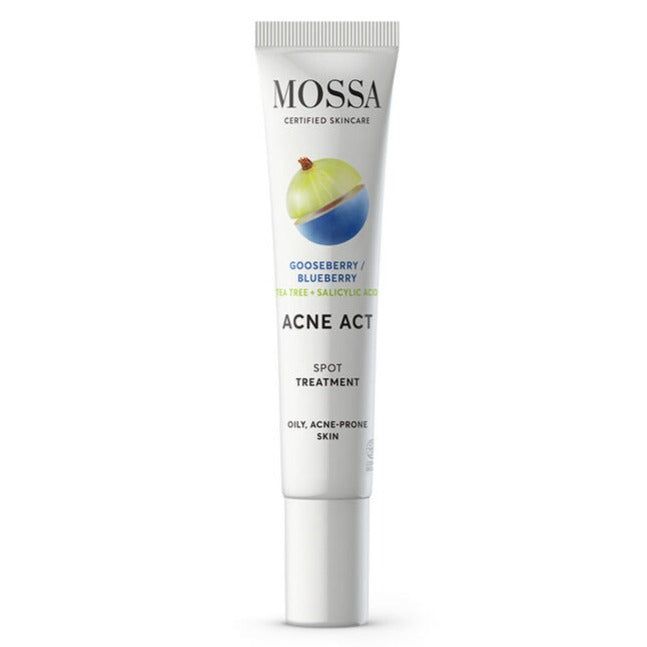 A tube of MOSSA Acne Act Spot Treatment for oily, acne-prone skin with gooseberry, blueberry, tea tree, and clarifying salicylic acid is shown against a white background. Tube is upright, primarily white with matte finish and minimalistic label design in black and blue text. Typeface is simple and sans-serif. No people or additional objects are visible.