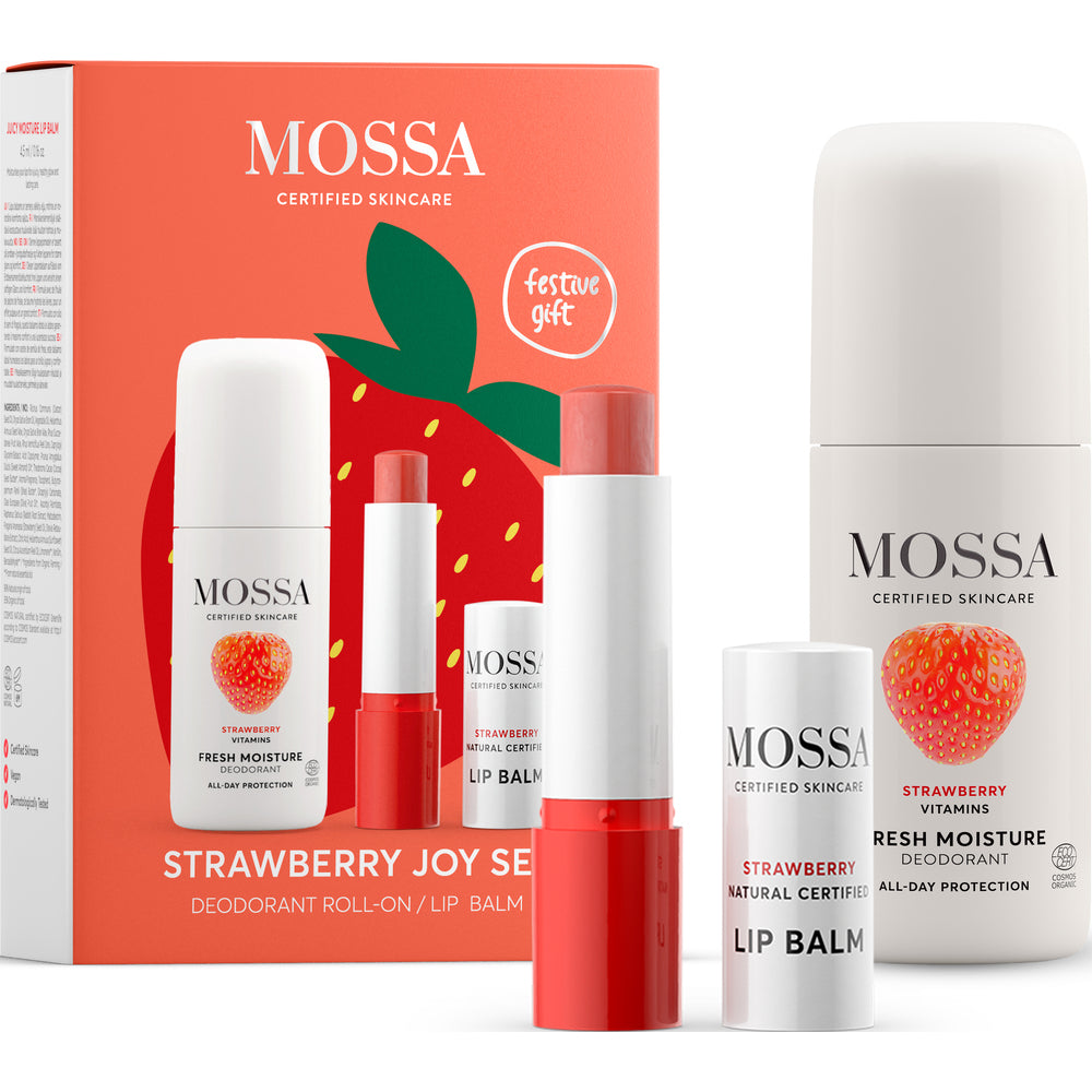 Mossa Strawberry Joy -lahjapakkaus: punainen mansikkarasia, Fresh Moisture -deodorantti ja mansikkahuulivoide