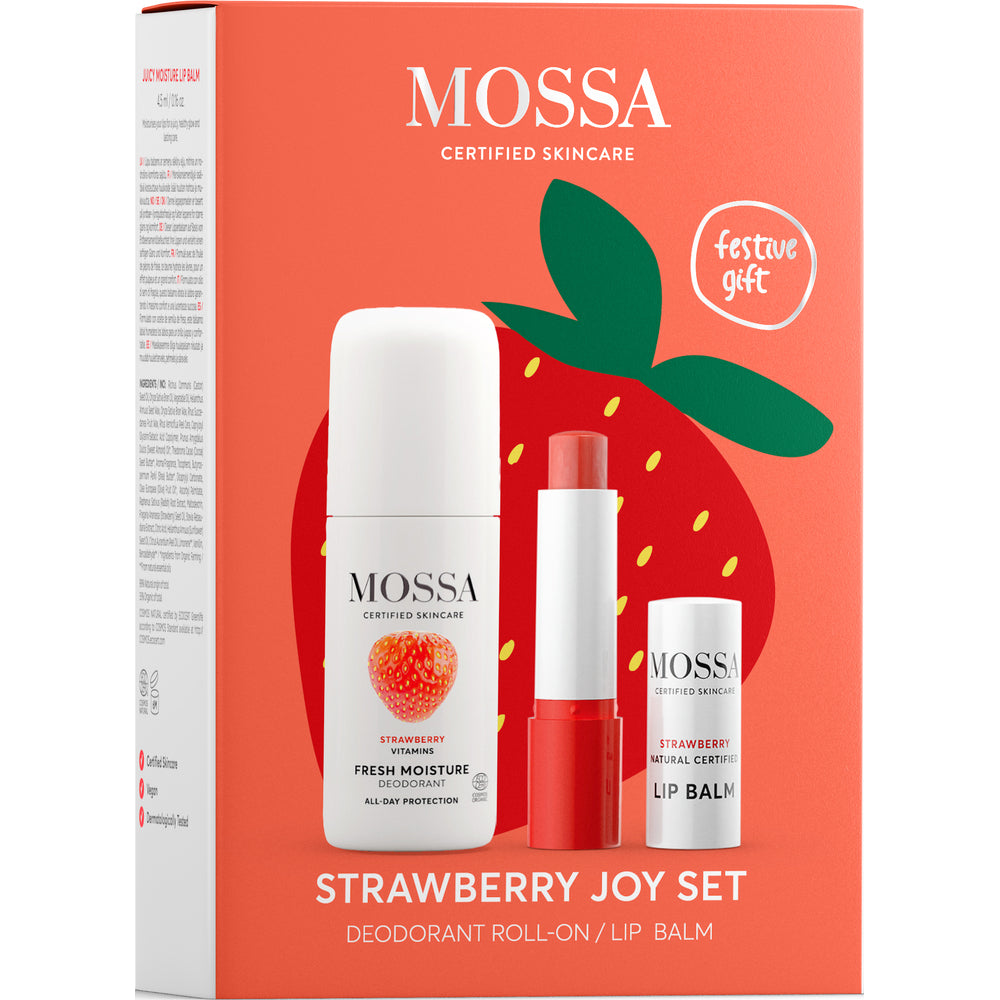 Mossa Strawberry Joy -lahjapakkauksen deodorantti ja huulivoide