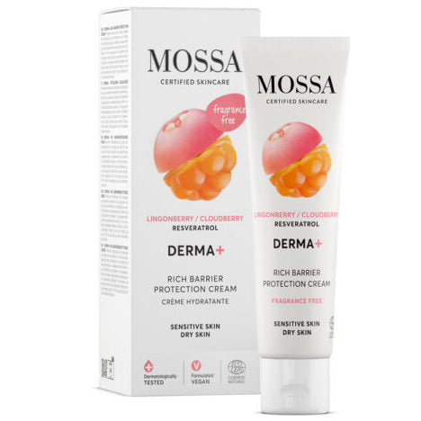 Mossa Derma+ Täyteläinen Suojavoide; tuubi ja rasia MOSSA Derma+ -täyteläistä suojavoidetta herkälle ja kuivalle iholle; pakkaus matta valkoinen painetuin puolukka- ja lakkakuvin; sekä tuubi että rasia suorakulmaisia, tuubissa kierrekorkki; pääteksti groteskilla, mustalla valkoista taustaa vasten; luettavissa tuotenimi, ”vegan” ja ”dermatologically tested”; tausta tasainen ilman kuviointia, ei ihmisiä tai käsiä lähikuvassa.