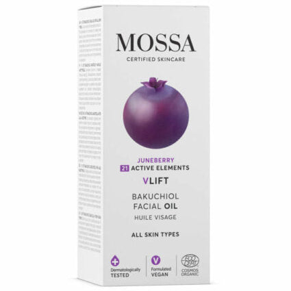 Mossa V LIFT Bakuchiol Kasvoöljy; valkoinen suorakulmainen MOSSA VLIFT Bakuchiol -kasvoöljyn rasia mattapinnalla ja suurella yksityiskohtaisella violetilla tuomenmarjakuvalla etupuolella; pakkauksessa lihavoitua mustaa groteskitekstiiä ja violetteja korostuksia; etiketissä maininta vegaanisesta koostumuksesta, ihotautilääkärin testauksesta, bakuchiolista ja soveltuvuudesta kaikille ihotyypeille; neutraali tausta, ei ihmisiä tai rekvisiittaa.