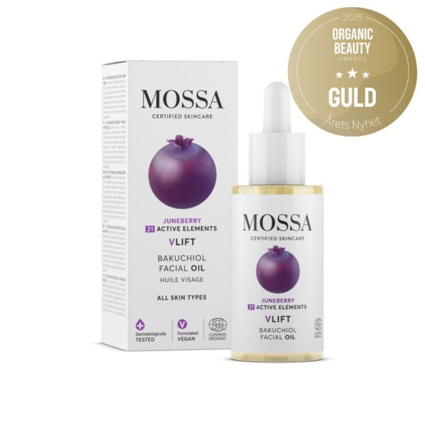 Mossa V LIFT Bakuchiol Kasvoöljy; pullo ja rasia MOSSA VLIFT Bakuchiol -kasvoöljyä violetilla marjakuvituksella, merkitty kaikille ihotyypeille; pakkaus pääosin valkoinen kiiltopinnalla, yksinkertaista groteskitekstiiä; bakuchiol-ainesosa mainittu etiketissä; kultainen Organic Beauty Awards 2025 -tunnus näkyvissä oikeassa yläkulmassa; tasainen tausta, ei ihmisiä tai käsiä, keskikokoinen lähikuva.
