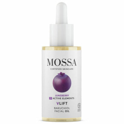 Mossa V LIFT Bakuchiol Kasvoöljy; pullo Mossa VLIFT Bakuchiol -kasvoöljyä tippakorkilla, etiketissä kuva violetista marjasta ja merkintä Certified Skincare, rikastettu tuomenmarjalla ja aktiivisella bakuchiolilla; pullo sylinterin muotoinen valkoisella tai vaaleasävyisellä matalla pinnalla; etiketin kirjasin selkeää groteskia mustan ja mauven sävyissä; tausta valkoinen, ei ihmisiä tai käsiä tässä lähikuvassa.