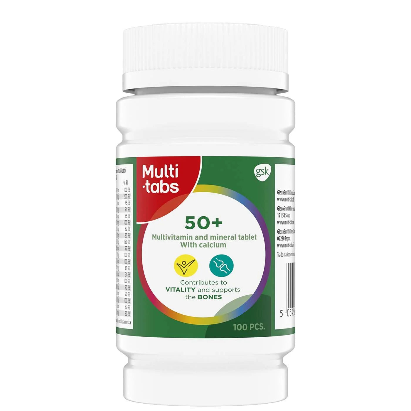 Multi-tabs 50+; valkoinen pullo Multi-tabs 50+ -monivitamiini- ja kivennäisainetableteille kalsiumin kera, etiketti korostaa elinvoimaa ja luuston terveyttä; lieriön muotoinen läpinäkymätön muovipullo mattapinnalla; etusivulla painettua tekstiä selkeällä groteskifontilla; ei muita esineitä tai ihmisiä; valkoinen tausta; pullo sisältää 100 tablettia.
