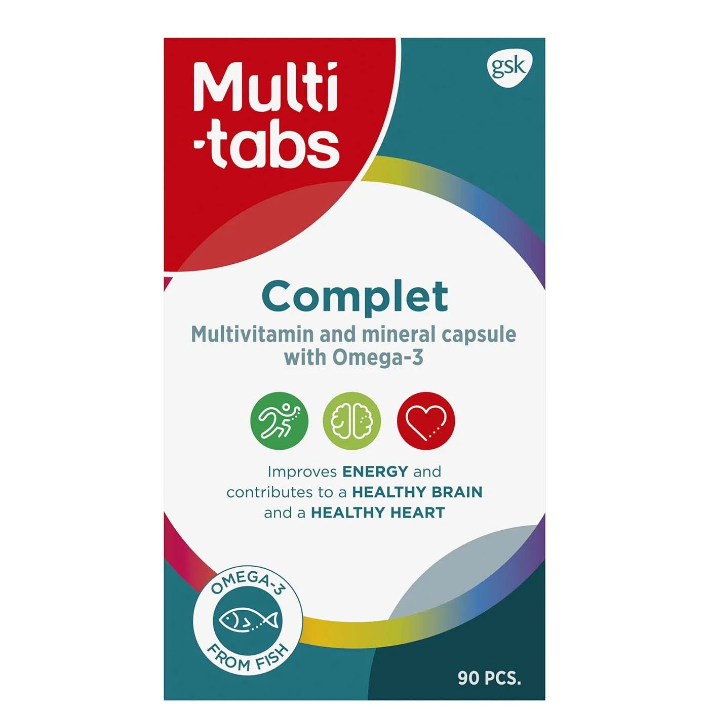 Multi-tabs Complet + Omega-3; monivitamiini- ja kivennäisainekapselilaatikko Omega-3:n kera, kuvakkeita energialle, aivoterveydelle ja sydänterveydelle; pakkaus sisältää 90 kapselia, korostetaan Omega-3:a kalaöljystä; suorakulmainen pahvilaatikko puna-valko-hopeanvärisenä mattapinnalla; lihavoitu groteskityyppografia etusivulla; vaalea tausta, ei ihmisiä tai käsiä.