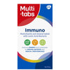 Multi-tabs Immuno + Maitohappobakteeri; laatikko Multi-tabs Immuno -monivitamiini- ja kivennäisainetableteille maitohappobakteerin kera, tukee energiatasoja ja immuunipuolustusta sekä edistää henkistä suorituskykyä; pakkaus sisältää 60 tablettia; suorakulmainen laatikko mattapinnalla sini-valkoisin värein; groteskityyppografia etusivulla listaa tuotenimen ja keskeiset hyödyt; valkoinen tausta ilman muita esineitä, ei ihmisiä tai käsiä.