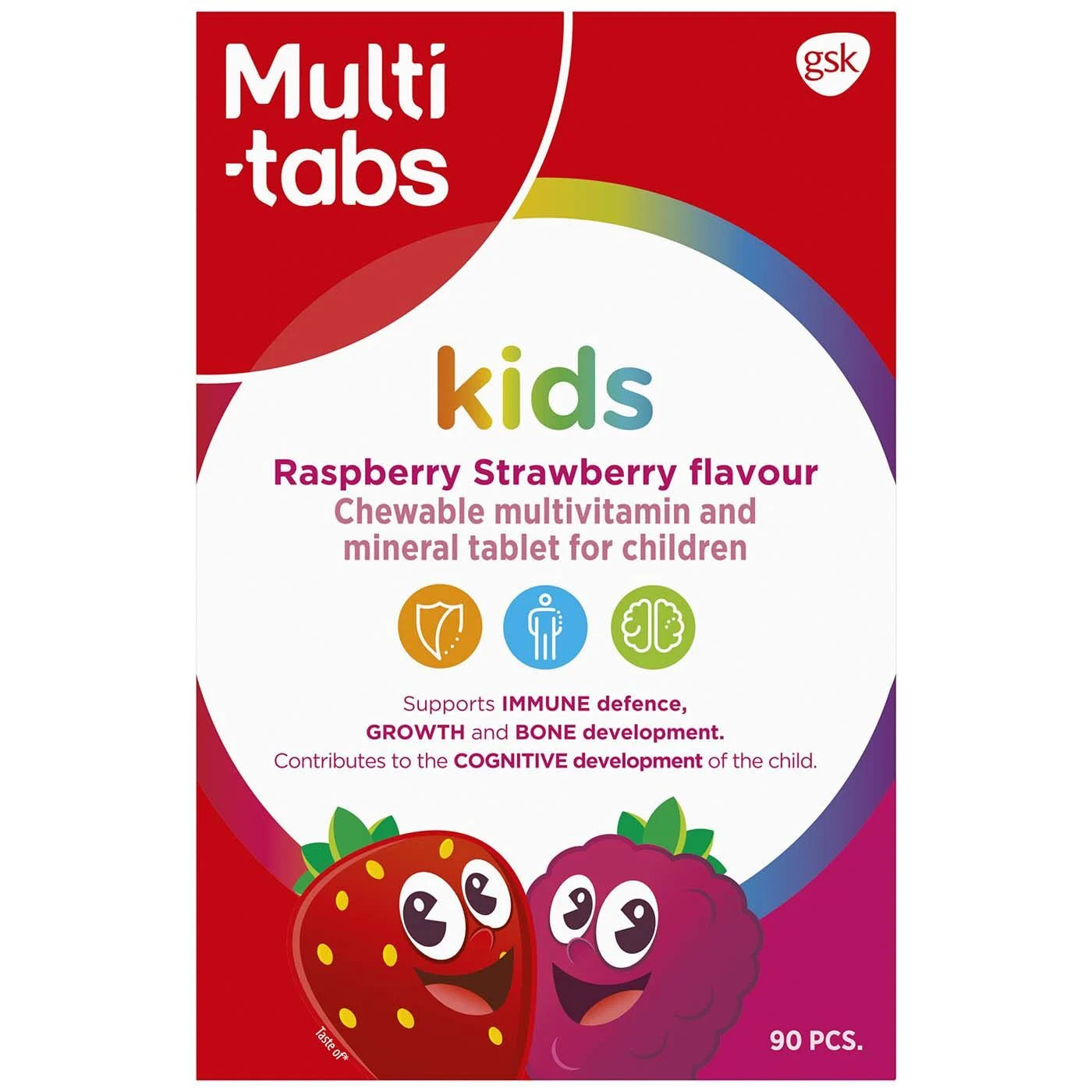 Multi-tabs Kids Vadelma-Mansikka; laatikon etusivu vadelma-mansikkamakuiselle pureskeltavalle lasten monivitamiini- ja kivennäisainetabletille; mukana sarjakuvamaisia marjoja sekä tekstiä immuunipuolustuksesta, kasvusta, luuston terveydestä ja kognitiivisesta kehityksestä; suorakulmainen pahvipakkaus kiiltäväpinnalla, hallitsevina väreinä punainen, keltainen ja valkoinen; lihavoitu groteskityyppografia tuotenimessä; laakakuva valkoisella taustalla, ei ihmisiä tai käsiä.