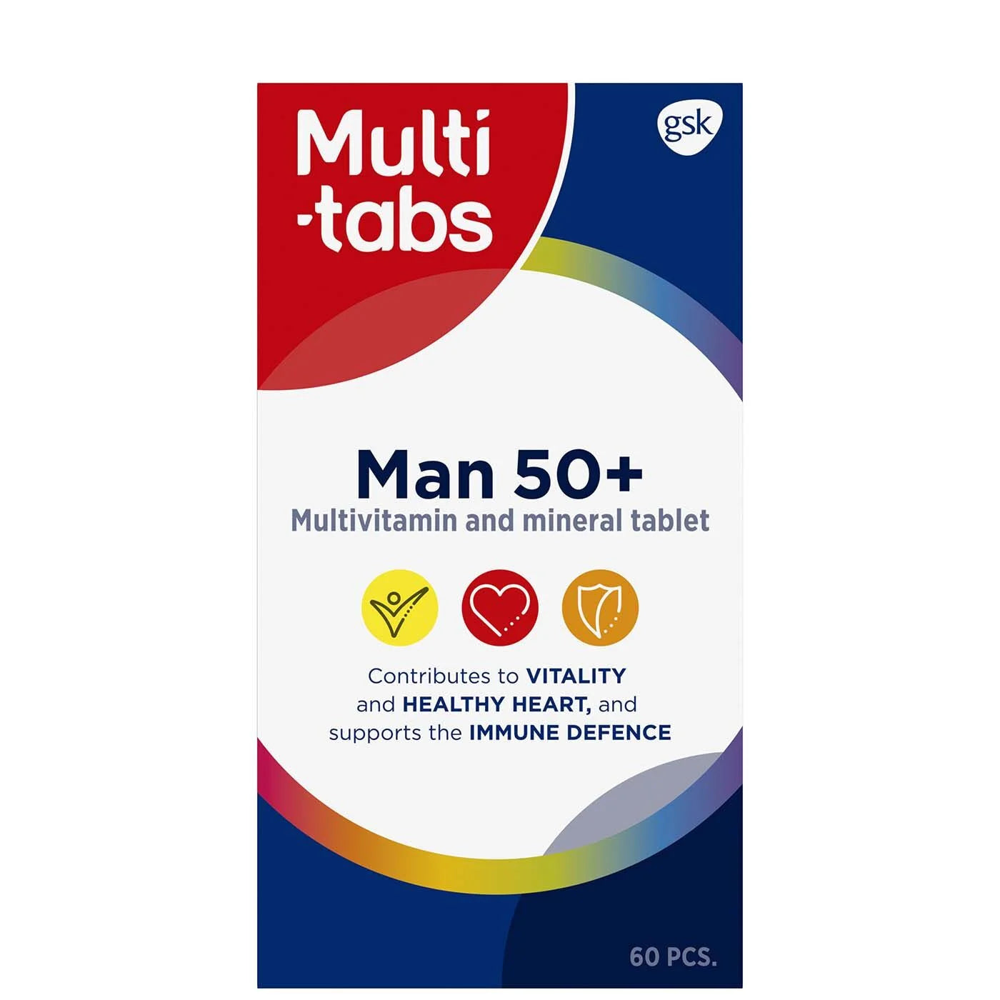 Multi-tabs Man 50+; laatikko Multi-tabs Man 50+ -monivitamiini- ja kivennäisainetableteille, 60 kappaletta, koostumus tukee elinvoimaa, terveitä sydäntä ja immuunipuolustusta yli 50-vuotiaille miehille; pakkauksessa puna-kelta-sinisiä kaarevia kuvioita; laatikko suorakulmainen mattapinnalla; suuri selkeä groteskiteksti valkoisena tai mustana värillistä taustaa vasten; vaalea tausta, ei ihmisiä tai käsiä, suora tuotekuva näyttää vain pakkauksen etuosan.