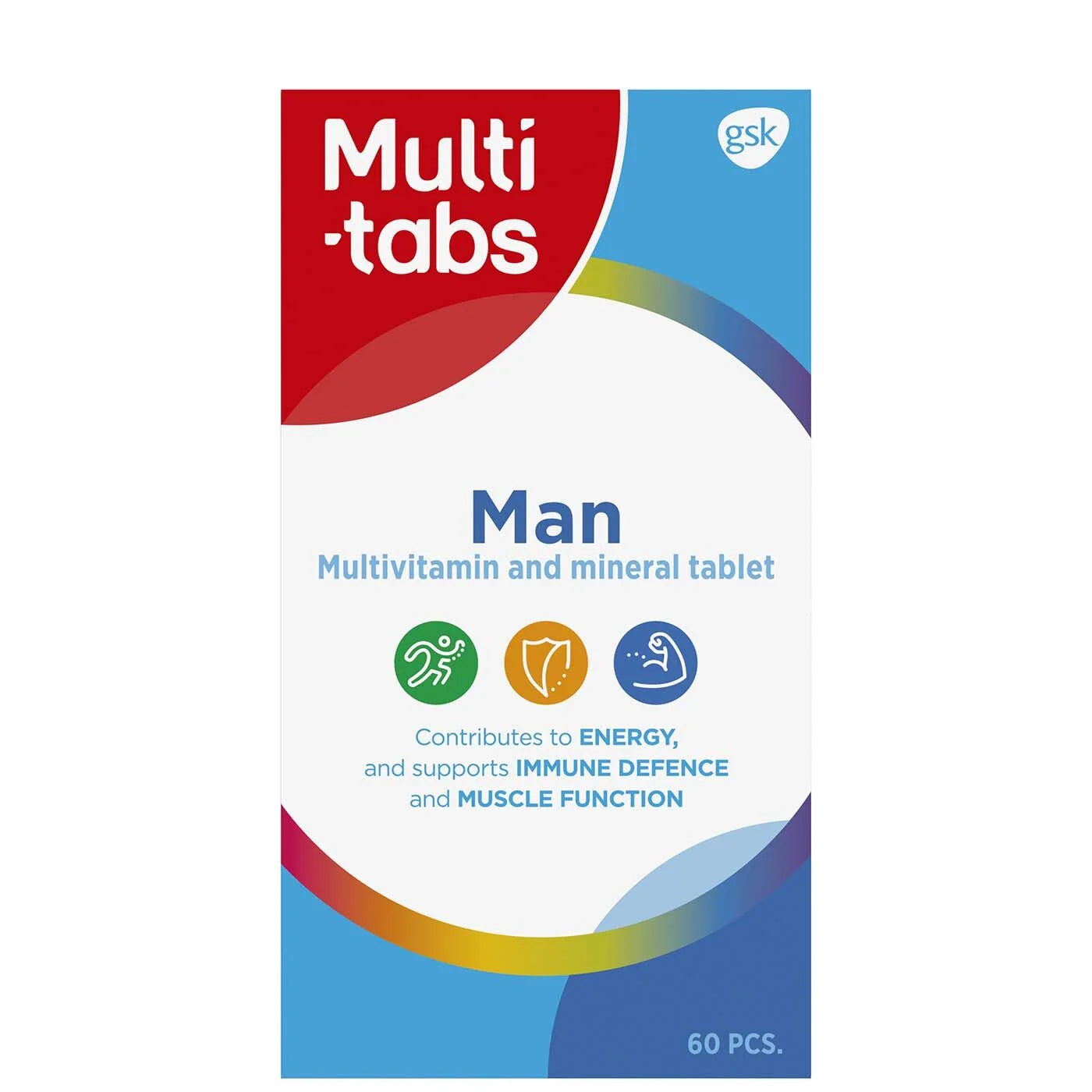 Multi-tabs Man; laatikko Multi-tabs Man -monivitamiini- ja kivennäisainetableteille, merkitty 60 tabletille; koostumus tukee energiaa, immuunipuolustusta ja lihastoimintaa; gsk-brändilogo oikeassa yläkulmassa; laatikko kiiltäväpintainen, pääväreinä sininen ja valkoinen punaisella korostusraidalla; lihavoitu groteskityyppografia etusivulla; ei ihmisiä tai käsiä, valkoinen tausta, suoraan edestä kuvattu.