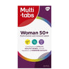 Multi-tabs Woman 50+; laatikko Multi-tabs Woman 50+ -monivitamiini- ja kivennäisainetableteille, 60 kappaletta, korostetaan elinvoimaa, terveitä luita ja hormonaalista aktiivisuutta; värikkäitä kuvakkeita ja sateenkaarikaari naisten hyvinvoinnin tueksi; pahvilaatikko kiiltäväpintaisena, valkoinen pohja sinisin ja oranssein osioin; groteskifontteja eri kokoina, ikäryhmä 50+ lihavoituna; valkoinen tausta, ei ihmisiä, suora edestäpäin kuvattu tuotekuva.