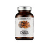 Mushrooms 4 Life Organic Chaga Food Supplement -pullo; ruskea muovipullo mattapinnalla, valkoisessa etiketissä teksti sekä kuva pakurikäävistä; etiketin mukaan sisältää 60 kapselia luomupakurikääpäuutetta; pullo sylinterimäinen; ei käsiä tai ihmisiä näkyvissä; tausta yksinkertainen.